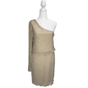 Bisou Bisou Gold One Shoulder Metallic Mini Dress Sz 12 Cocktail Party Glam